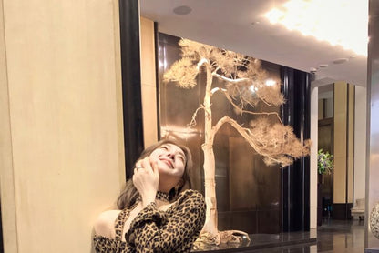 Leopard Asymmetrical Print Long-Sleeve Blouse Ruffled Choker-Neck