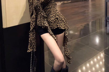Leopard Asymmetrical Print Long-Sleeve Blouse Ruffled Choker-Neck