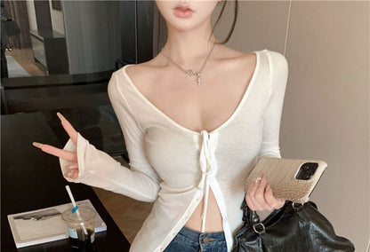 Long Top Knit Scoop Neck Plain Sleeve