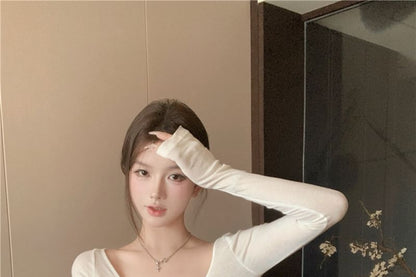 Long Top Knit Scoop Neck Plain Sleeve