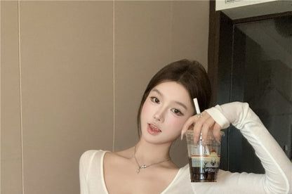 Long Top Knit Scoop Neck Plain Sleeve