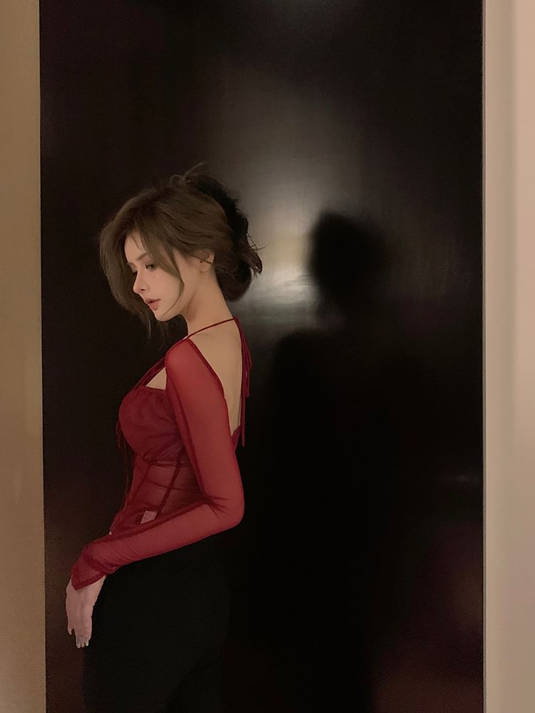 Mesh Crop Neck Lace-Up Plain Long See-Through Sleeve Top Square