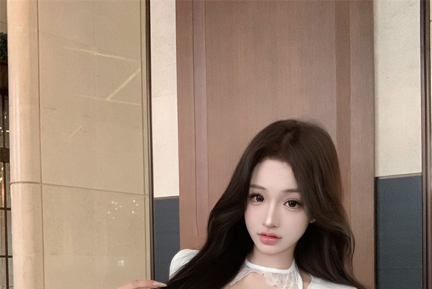 Neck Long Panel Henley Round Plain Lace T-Shirt Sleeve