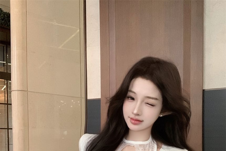 Neck Long Panel Henley Round Plain Lace T-Shirt Sleeve