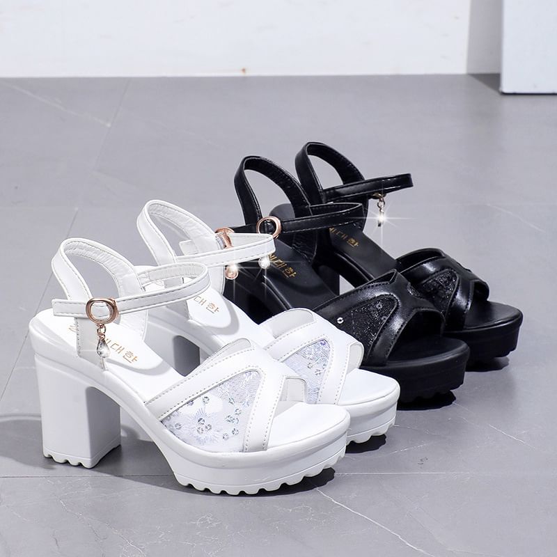 Sandals Heel Chunky Sequined Platform