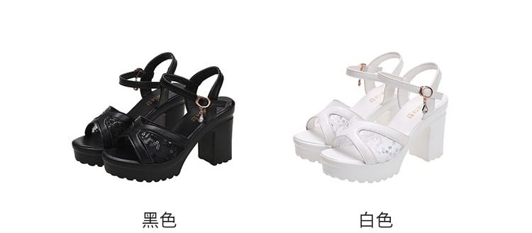 Sandals Heel Chunky Sequined Platform