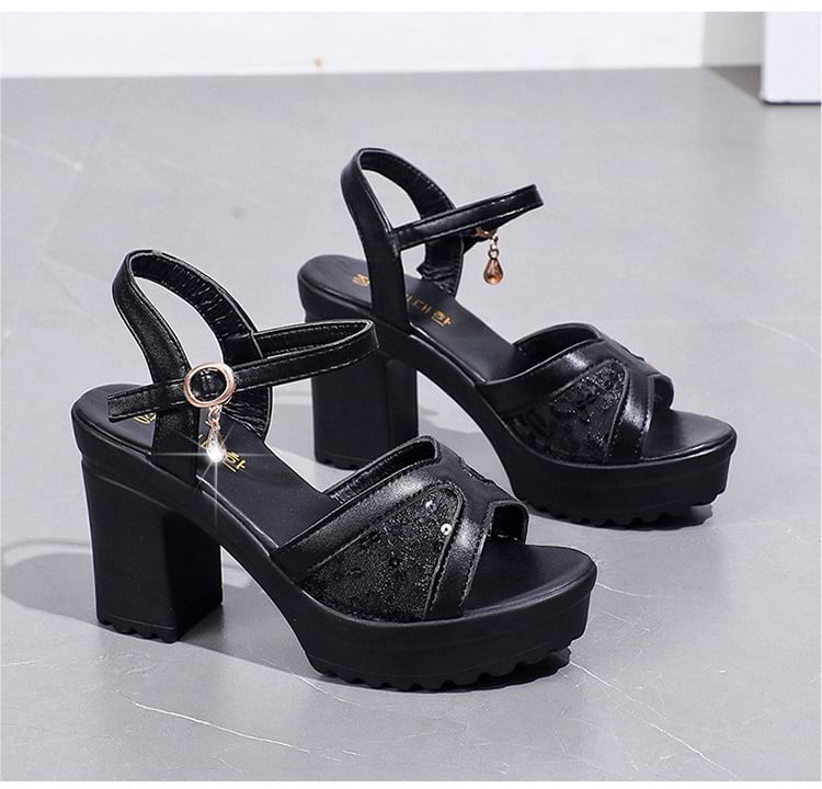 Sandals Heel Chunky Sequined Platform