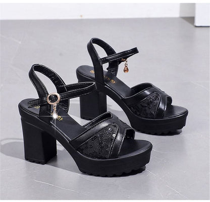 Sandals Heel Chunky Sequined Platform