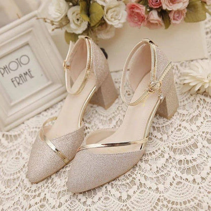 Pumps Glitter Strap Heel Ankle Chunky