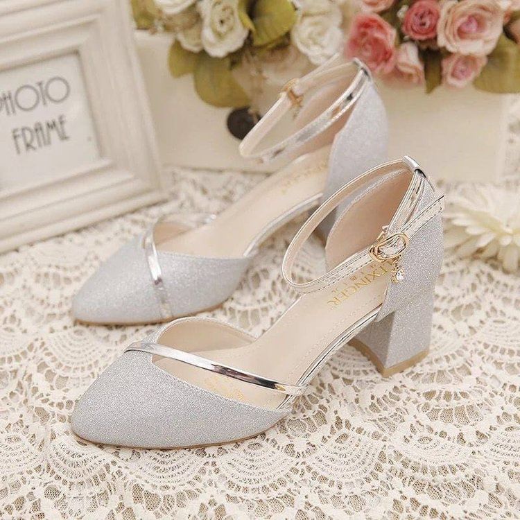 Pumps Glitter Strap Heel Ankle Chunky
