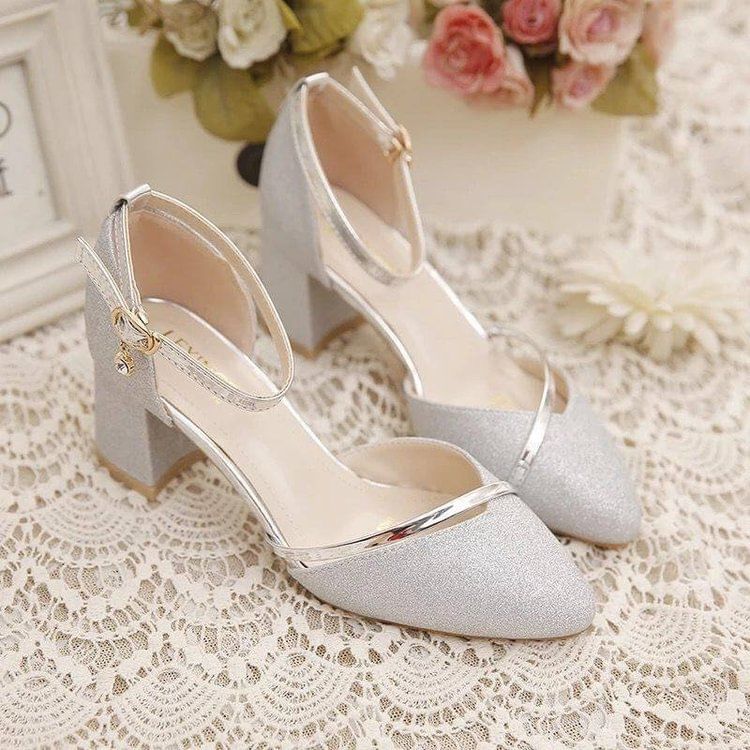 Pumps Glitter Strap Heel Ankle Chunky