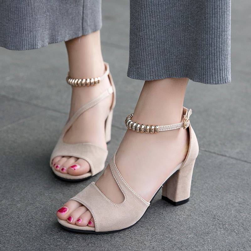 Bead Strap Heel Ankle Sandals Metal Chunky