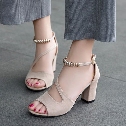 Bead Strap Heel Ankle Sandals Metal Chunky