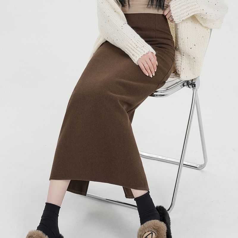 High Skirt Back Midi Plain Slit Waist A-Line