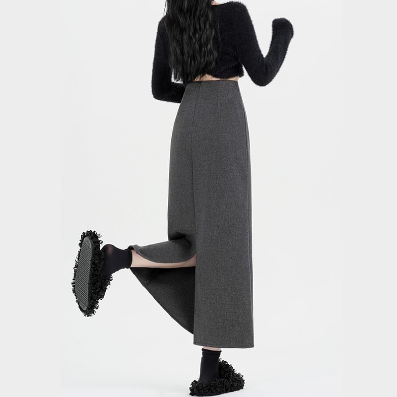 High Skirt Back Midi Plain Slit Waist A-Line