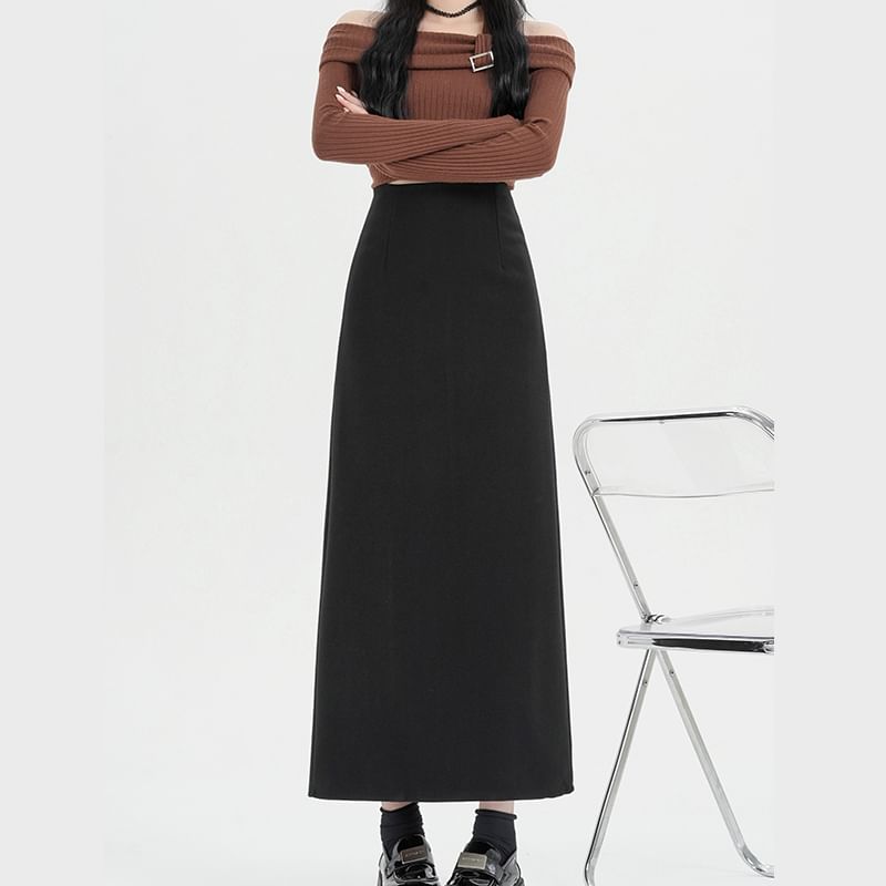 High Skirt Back Midi Plain Slit Waist A-Line