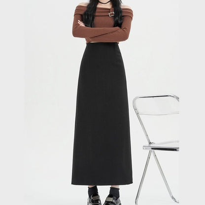 High Skirt Back Midi Plain Slit Waist A-Line