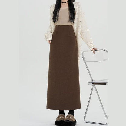 High Skirt Back Midi Plain Slit Waist A-Line