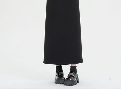 High Skirt Back Midi Plain Slit Waist A-Line