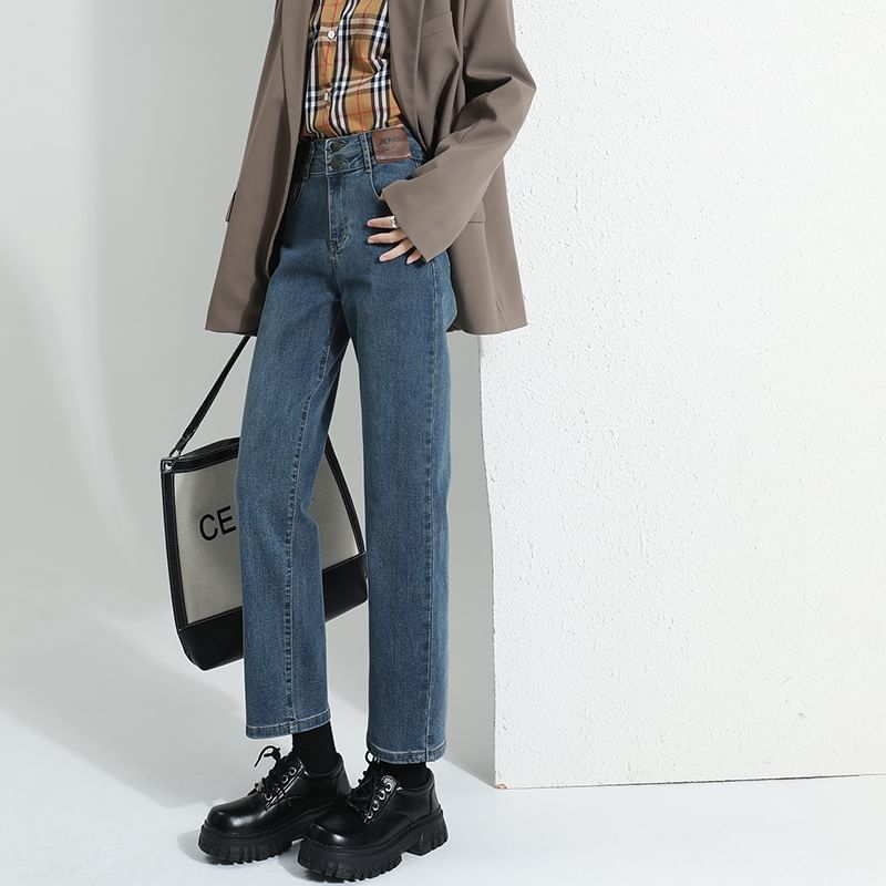 Waist (Various Designs) Washed Straight Jeans Leg High