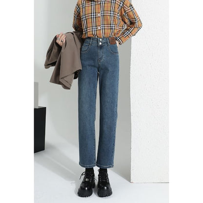 Waist (Various Designs) Washed Straight Jeans Leg High