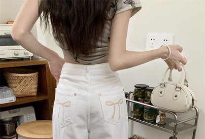 Fit Bow Embroidered Loose Waist Jeans High