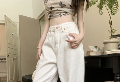 Fit Bow Embroidered Loose Waist Jeans High