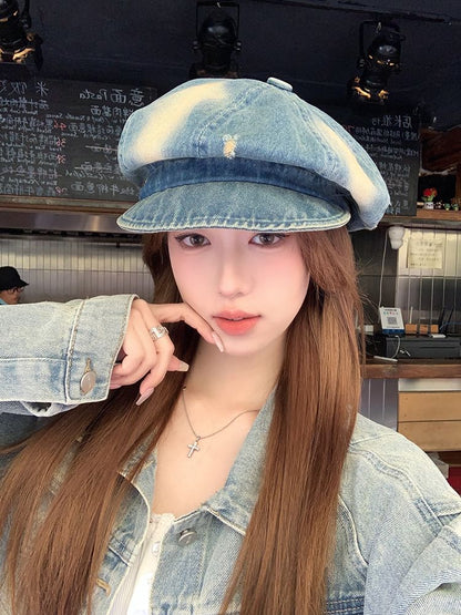 Washed Newsboy Cap Distressed Denim