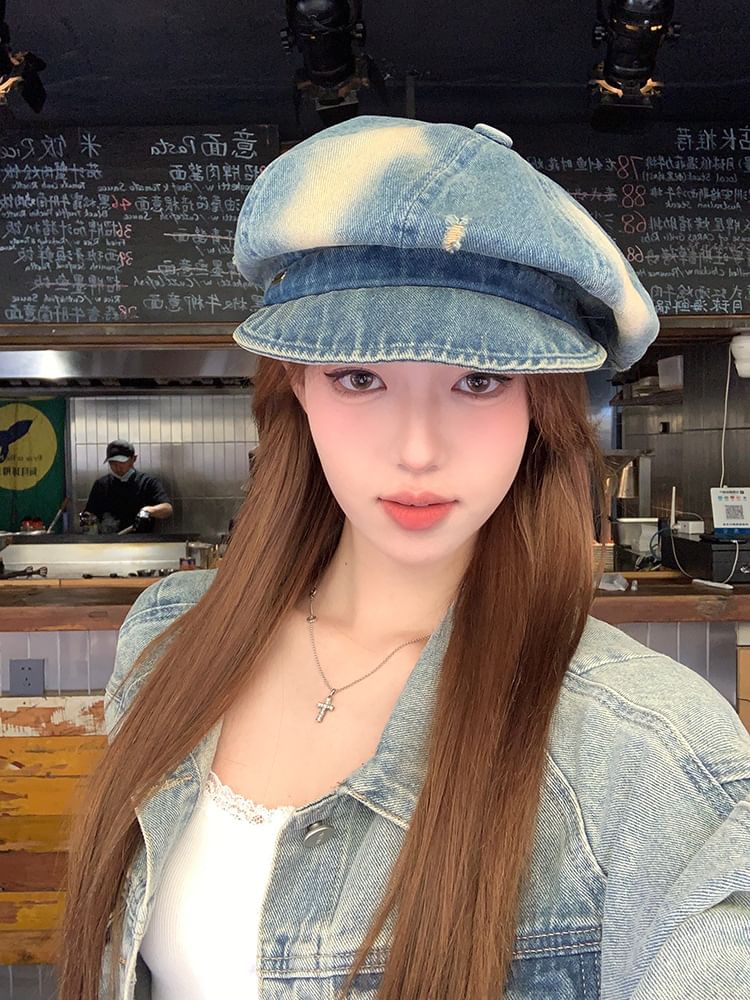 Washed Newsboy Cap Distressed Denim