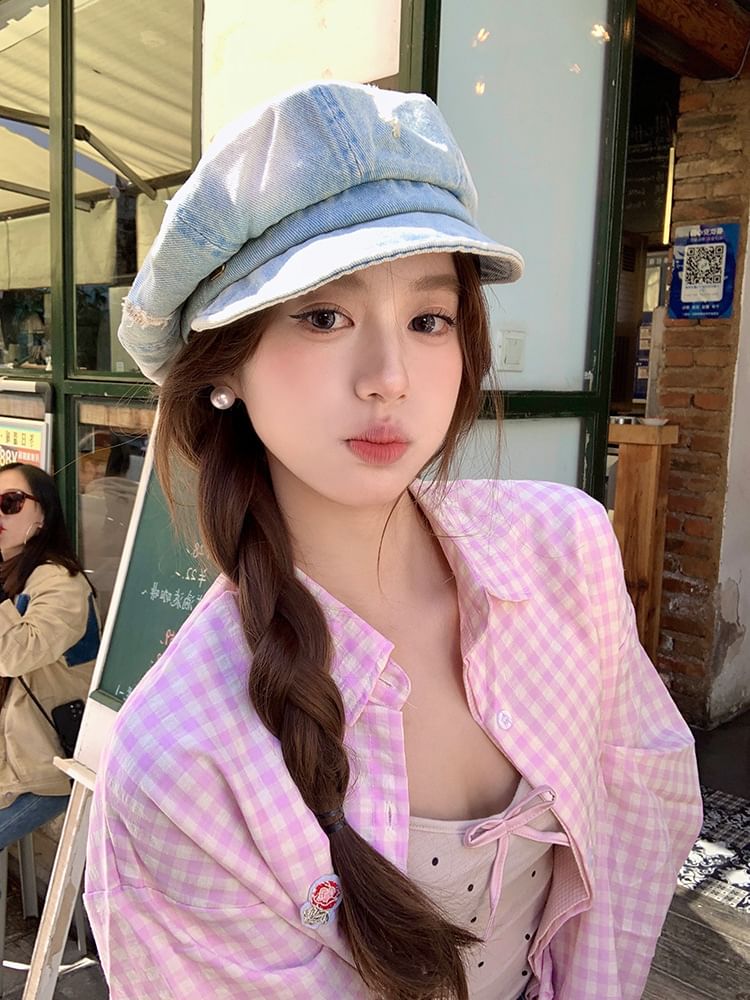 Washed Newsboy Cap Distressed Denim