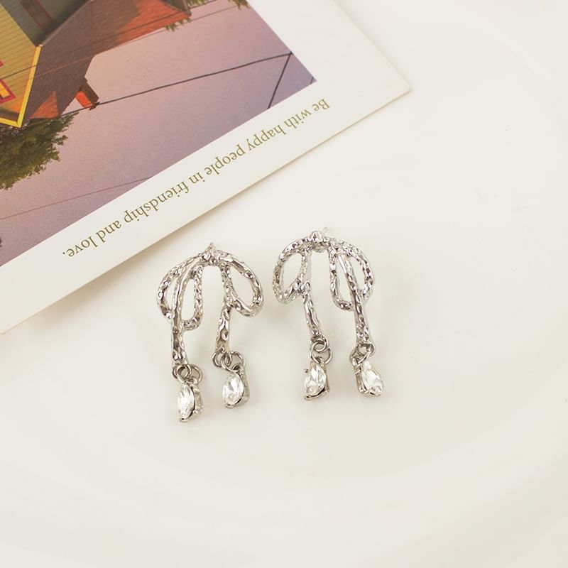 Bow Drop Earring Clip Rhinestone On /