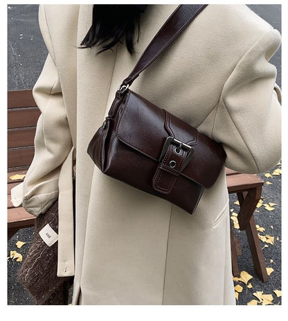 Faux Crossbody Flap Buckled Leather Plain Bag