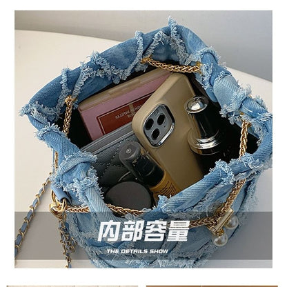 Strap Bucket Bag Frayed Drawstring Chain