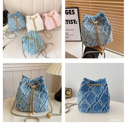 Strap Bucket Bag Frayed Drawstring Chain