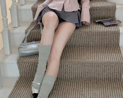 Shirt Waist A-Line High Plain Skort Long Sleeve / Pleated V-Neck Mini Belt Set Striped Collared