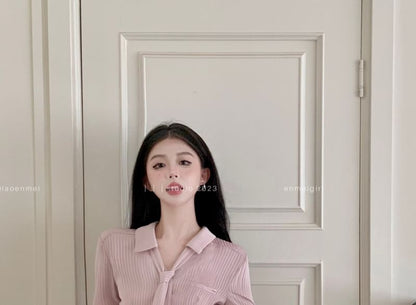 Shirt Waist A-Line High Plain Skort Long Sleeve / Pleated V-Neck Mini Belt Set Striped Collared