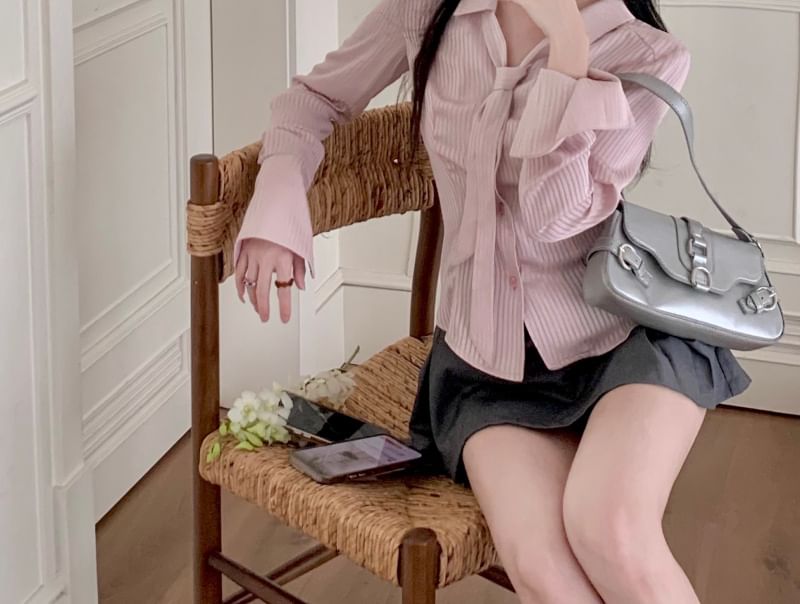 Shirt Waist A-Line High Plain Skort Long Sleeve / Pleated V-Neck Mini Belt Set Striped Collared