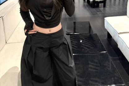 Pleated Inverted Plain Tee Cropped Pants Leg Rise Wide Low Collar / Long-Sleeve