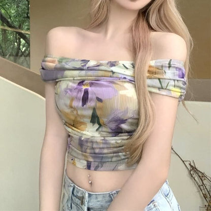 Off-Shoulder Ruched Short-Sleeve Floral Tee Cropped