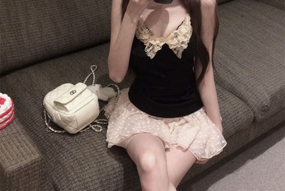 Mini Rise Scoop Dotted Asymmetrical Mid / Halter Top Skirt A-Line Lace Trim Neck Plain