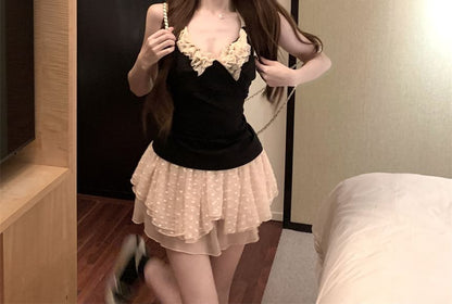 Mini Rise Scoop Dotted Asymmetrical Mid / Halter Top Skirt A-Line Lace Trim Neck Plain