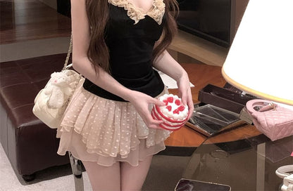 Mini Rise Scoop Dotted Asymmetrical Mid / Halter Top Skirt A-Line Lace Trim Neck Plain