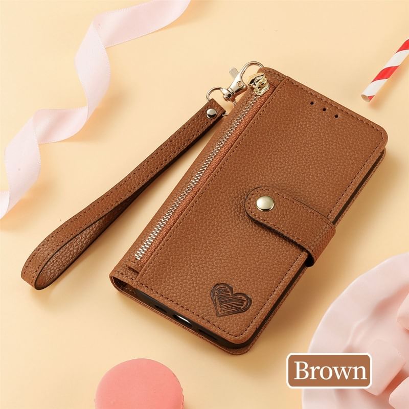 Heart Embroidered Folio Faux Leather Phone Case