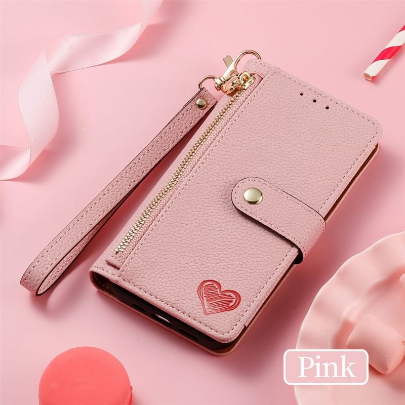 Heart Embroidered Folio Faux Leather Phone Case