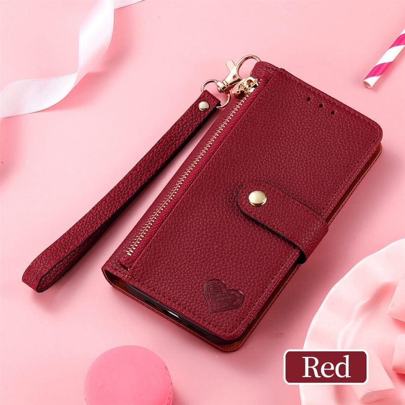 Heart Embroidered Folio Faux Leather Phone Case