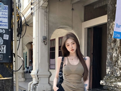 Top Sleeveless Asymmetrical Plain U-Neck