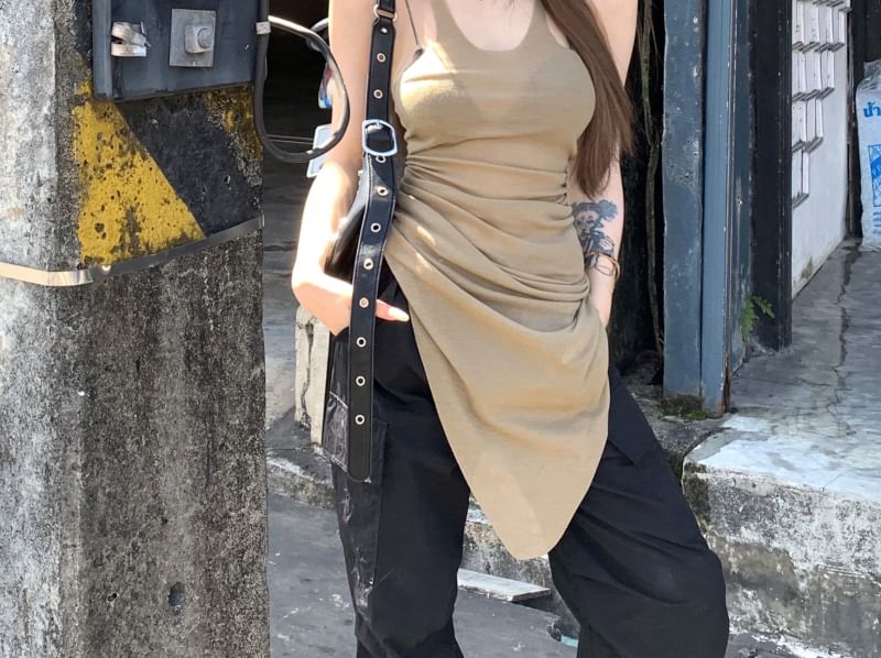 Top Sleeveless Asymmetrical Plain U-Neck