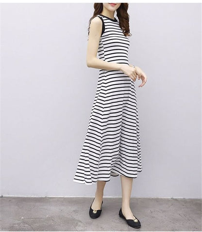 Tank Striped Neck Midi Crew A-Line Dress