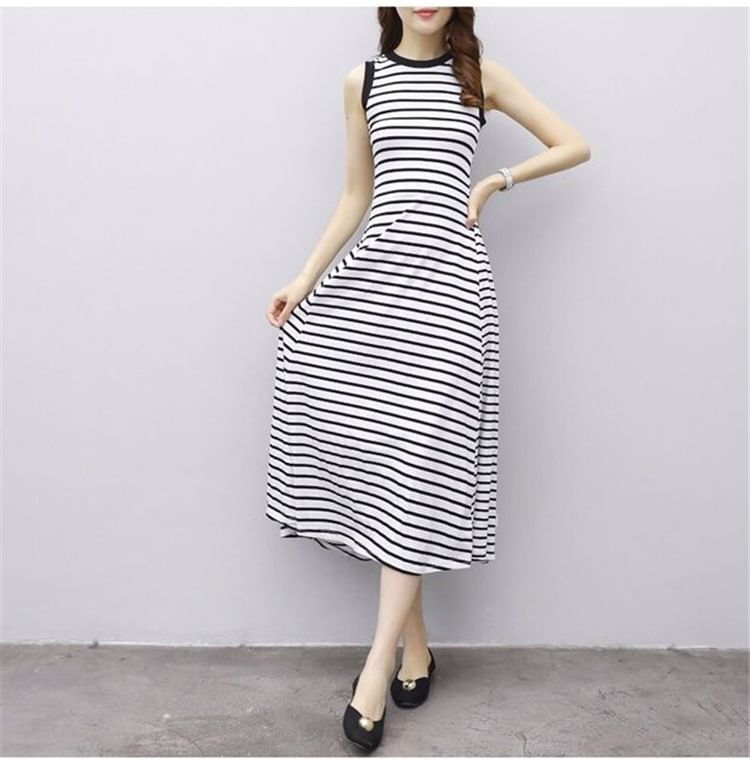 Tank Striped Neck Midi Crew A-Line Dress