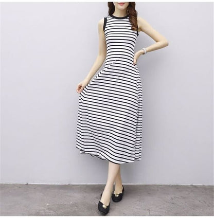 Tank Striped Neck Midi Crew A-Line Dress
